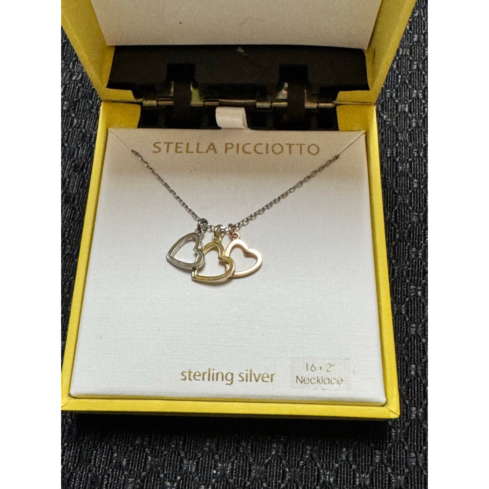 STELLA PICCIOTTO Sterling Silver .925 Tri-Color Heart Necklace 16”